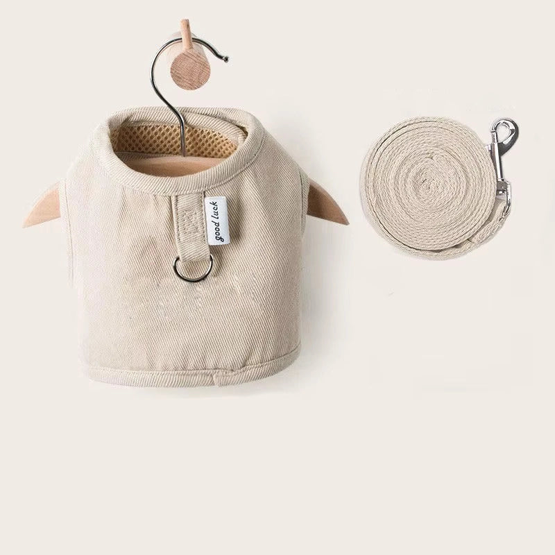 Purrta escape proof cat harness and leash set in khaki — flat lay showing vest harness with D-ring and matching leash