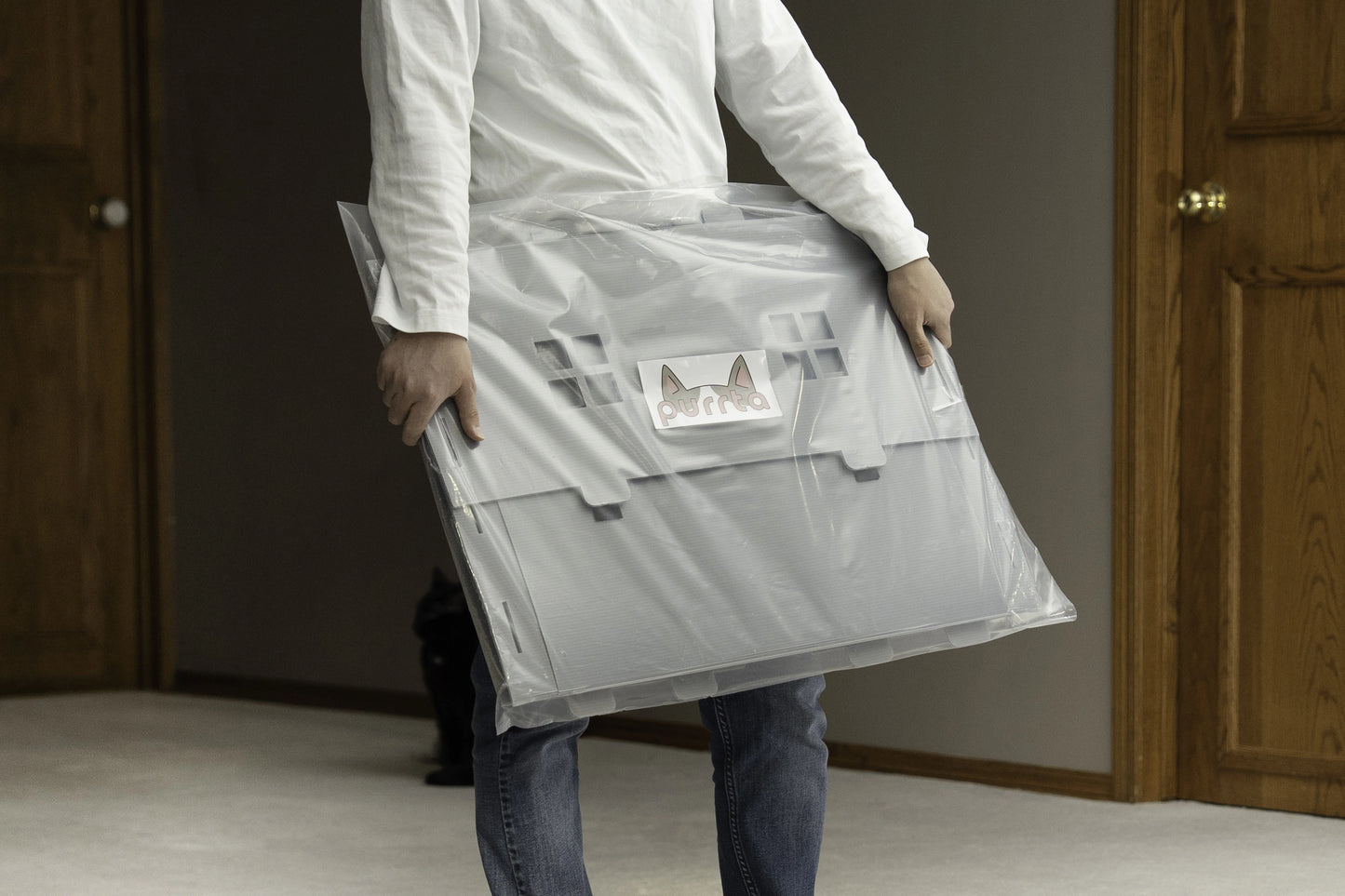 Person carrying Purrta cat litter box enclosure folded flat in packaging — lightweight and portable
