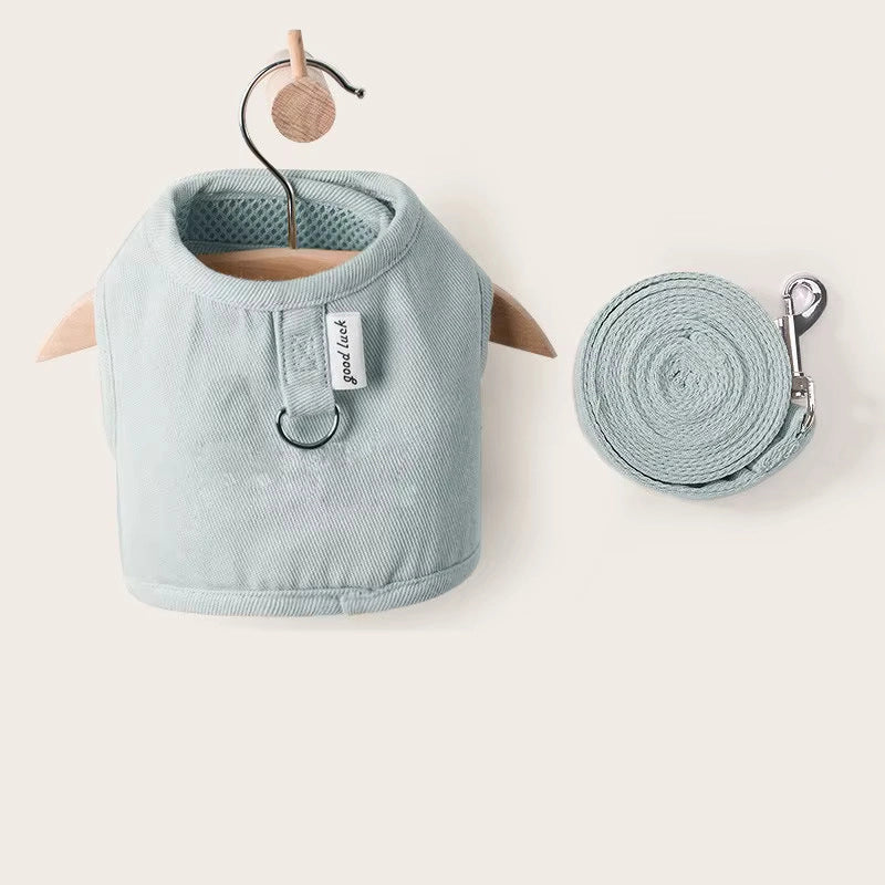 Purrta escape proof cat harness and leash set in lake blue — flat lay showing vest harness with D-ring and matching leash