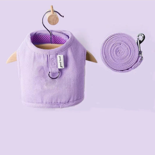 Purrta escape proof cat harness and leash set in glamour purple — flat lay showing vest harness with D-ring and matching leash